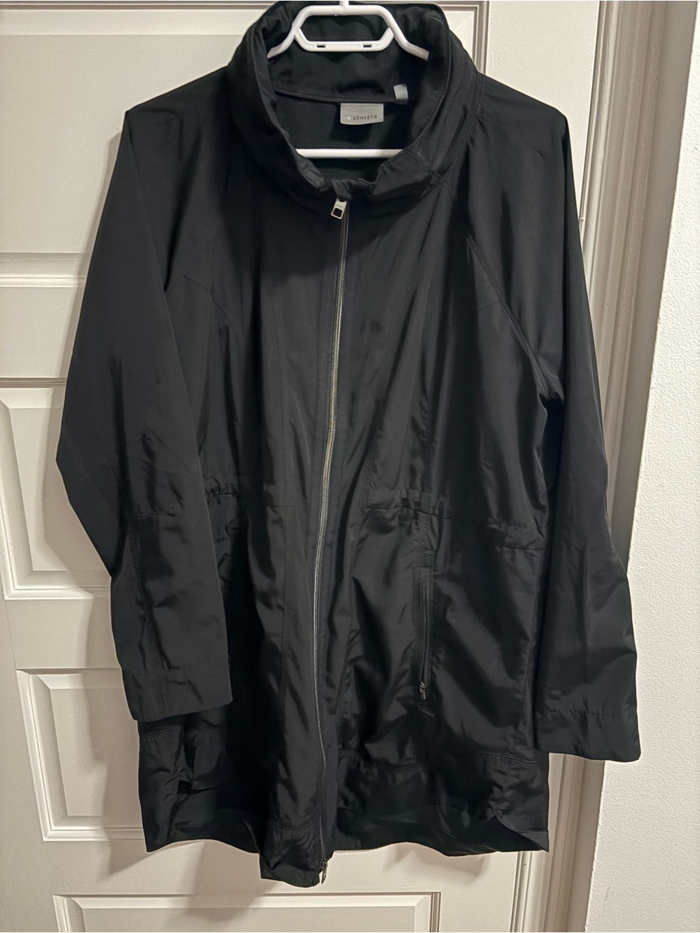 Athleta Black Trench Coat with Stand Collar and Zip Front